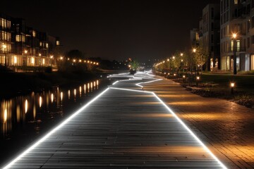 Fototapeta premium Illuminated Boardwalk by River Reflecting Lights in Night Scene