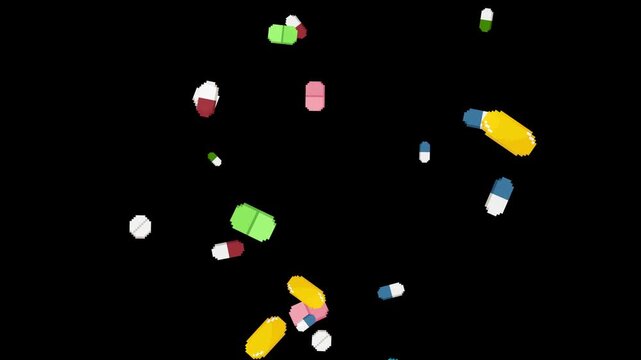 8-bit pixel art colorful pill falling down