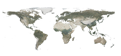 World Map Realistic Terrain High Relief. 3d rendering
