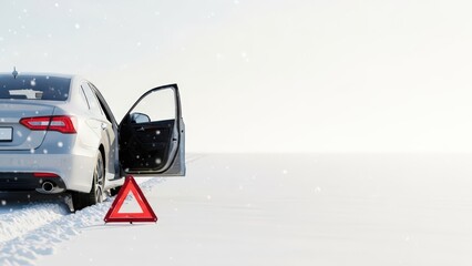 Car Stranded in Heavy Snow on Winter Road with Copy Space