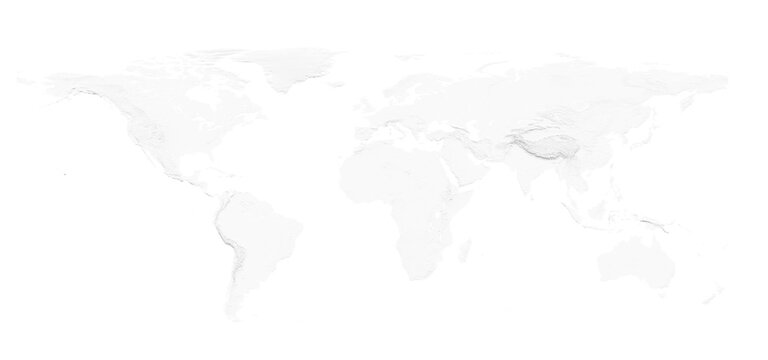 White 3D World Map Terrain Topography Relief. 3d rendering