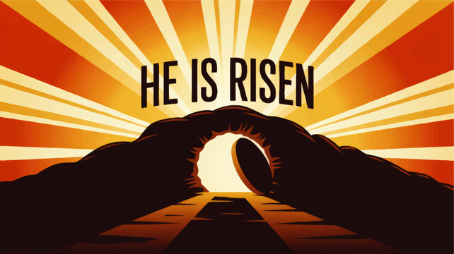 He Is Risen Easter Resurrection Illustration, Empty Tomb with Rolled Stone and Sunrise Rays, Christian Worship Background Art