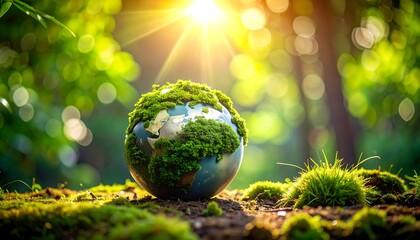 A vibrant depiction of Earth covered in verdant moss, bathed in bright sunlight within a lush, green forest environment