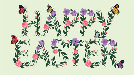 Happy Easter floral lettering with butterflies, spring flowers and pastel green background, decorative holiday greeting card illustration