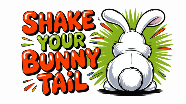 Shake Your Bunny Tail funny Easter rabbit illustration, cute cartoon hare butt with fluffy tail and colorful text design