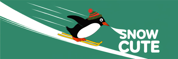 Cute skiing penguin illustration with winter hat on green background, playful snow slope, snow cute holiday cartoon banner