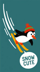 Cute skiing penguin in winter hat with snow trail and &ldquo;Snow Cute&rdquo; text on teal background, playful holiday kids illustration