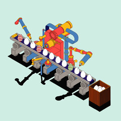 Colorful isometric egg painting factory conveyor, automated machine decorating Easter eggs with robotics on pastel background