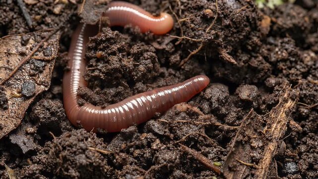 Close up of an earthworm in rich dark soil with fallen leaves.