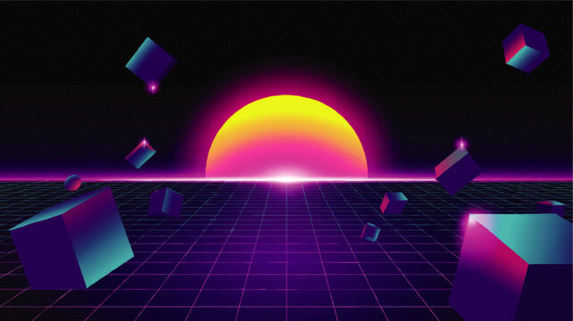 Neon retro futuristic sunset over grid landscape with floating cubes, vaporwave synthwave background, cyber 80s digital art