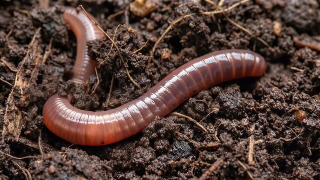 Close-up of an earthworm crawling through rich, dark soil, highlighting its segmented body and natural habitat.