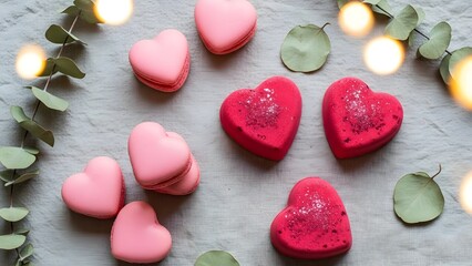 Fototapeta premium A beautifully arranged assortment of pink and red heart-shaped macarons on a rustic wooden surface surrounded by eucalyptus leaves and string lights. - Valentines Day Special