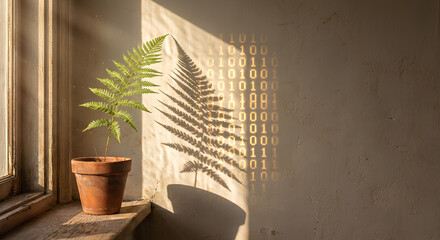 Conceptual illustration of a potted fern on a sunny windowsill casting a shadow formed by glowing binary code digits, symbolizing digital transformation