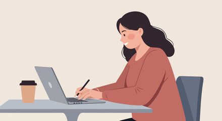 Woman Working On Laptop In Casual Peach Top With Coffee