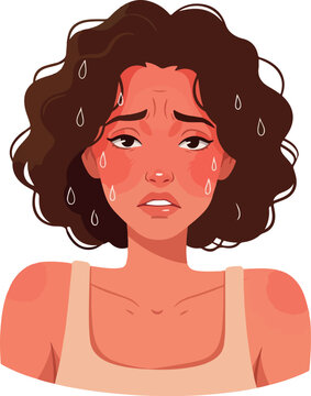 Woman With Sunburn Face Sweating Badly In Heat