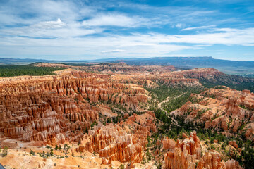 A beautiful view of a canyon with a blue sky in the background. The mountains are covered in trees and the landscape is full of red rocks
