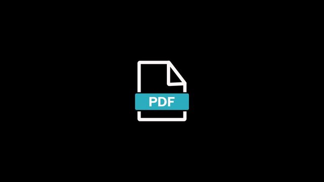 White outline of a document with a blue tab labeled PDF on a black background representing a digital file format or document type