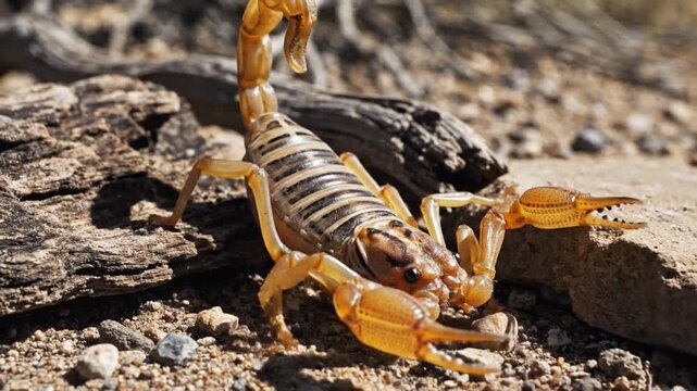 A close-up view of an orange scorpion on a sandy and rocky terrain, with its tail curved