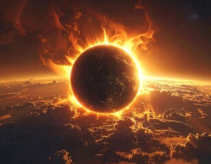 A celestial scene showcasing a planet obscured by a radiant solar eclipse, surrounded by fiery solar flares and an atmosphere glow