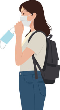 Young Woman Wearing Face Mask Holding Another Mask Casual Outfit Isolated