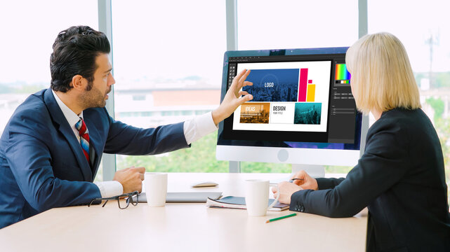 Graphic designer software for modern design of web page and commercial ads showing on the computer screen
