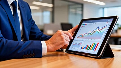 Businessman analyzing data on tablet - Powered by Adobe