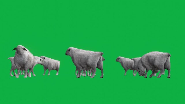 3D Realistic Flock of Lacaune sheep or lamb eating and idle animation Loop with side  View on Green Screen, 4K 60fps High-Resolution Animation herd of Ram or Harri idle standing render on Chroma Key