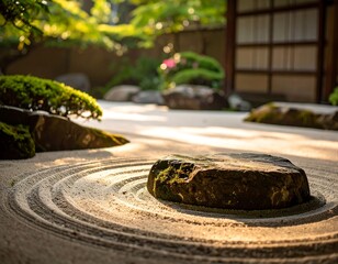 Serene close-up of a meticulously raked zen garden, featuring concentric patterns in the sand, moss-covered stone, and lush greenery