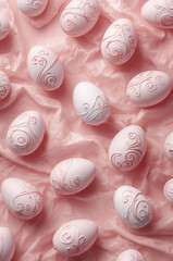 明るいピンクのベースにイースターエッグを散らした縦型パターン背景デザイン. 生成AI