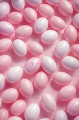 パステル調のピンク背景に白ピンクのたまご柄が続く縦型デザイン背景素材. 生成AI