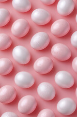 パステルピンク背景に白ピンクのたまご柄が並ぶ縦型の装飾パターン素材. 生成AI