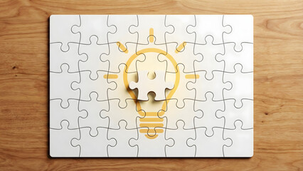A single white puzzle piece rests in the center of a white jigsaw containing a glowing lightbulb icon, representing the final solution, creative innovation, and strategic insight.
