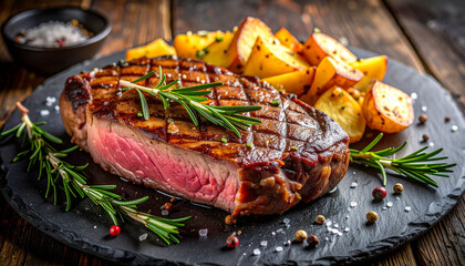 Juicy sliced ribeye steak with crushed potatoes on rustic plate