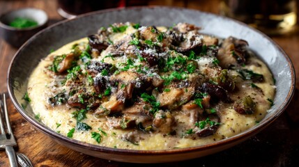 Creamy Mushroom Risotto with Fresh Herbs and Grated Cheese Served in a Rustic Bowl on a Wooden Table Surrounded by Soft Lighting and Natural Elements