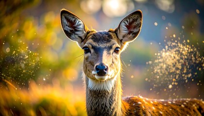 A close-up portrait of a young deer with spotted fur. Sunlight shines, creating a bokeh effect in a warm, natural environment