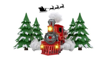 Christmas Train with Santa's Sleigh and Snow-Covered Trees