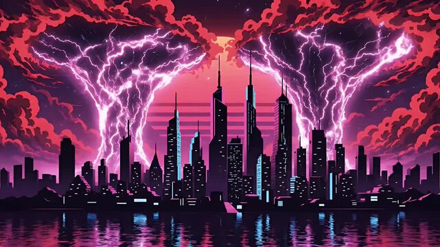 Neon Cityscape with Vibrant Lightning Storm and Reflective Waters at Sunset.