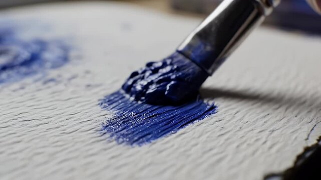 Close up of a paintbrush applying thick blue paint onto a textured surface.