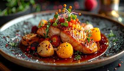 A close-up shot of a gourmet dish on a textured plate. It features beautifully grilled salmon and scallops, adorned with vibrant garnishes