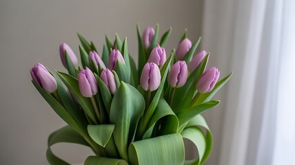 Bunch of pink spring flowers with green leaves at home, light beautiful purple tulips bouquet as nice romantic present from floral shop made by professional florist, vertical close up view copy space