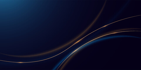 Luxury dark blue background with gold line curved and lighting effect sparkle. Vector illustration