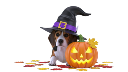 Beagle Puppy in Witch Hat with Jack-o'-Lantern
