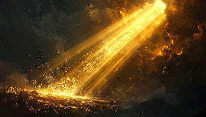 Dramatic digital painting depicts a bright golden light beam piercing through dark, tumultuous clouds and illuminating a rocky landscape