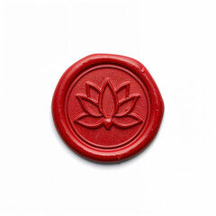 Red wax seal with embossed lotus flower design isolated on white background