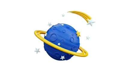 Stylized Blue Planet with Yellow Rings and Stars