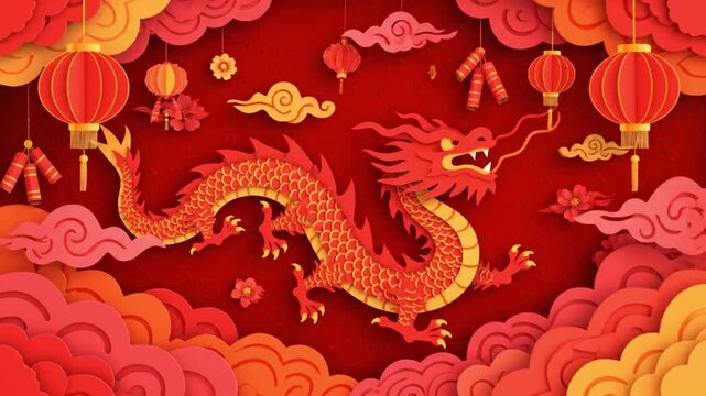 vibrant red dragon adorned with intricate details, surrounded by festive lanterns and auspicious clouds, celebrating Chinese New Year