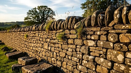 Obraz premium Charming Rural Stone Wall Under Sky With Grass Accent and Natural Light