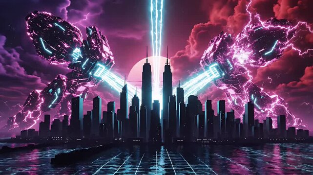 Alien Spaceships Attacking a Retro Futuristic Neon City Skyline.
