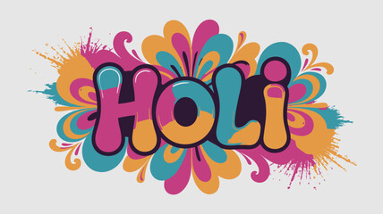 Obraz premium The word Holi is displayed in colorful bubbly letters on a vibrant groovy background with paint splatters