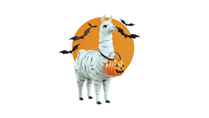 Mummy Llama with Pumpkin Candy Bucket and Bats